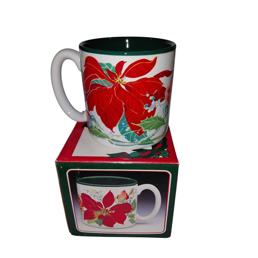Vtg NOB 1991 Poinsettia Roses Ceramic Mug By Potpourri Press 11Oz Holiday Design